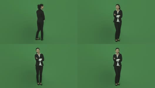 亚洲商界女性孤立绿屏绿背景自信双臂交叉高清在线视频素材下载