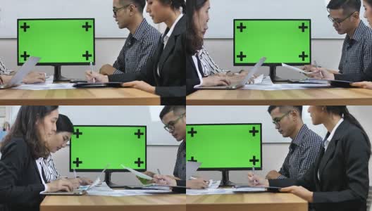 一群商务人士用绿屏进行视频电话会议高清在线视频素材下载