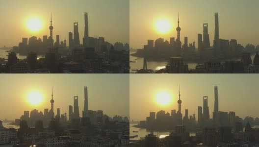 日出时分的上海天际线。黄埔和陆家嘴区。中国鸟瞰图高清在线视频素材下载