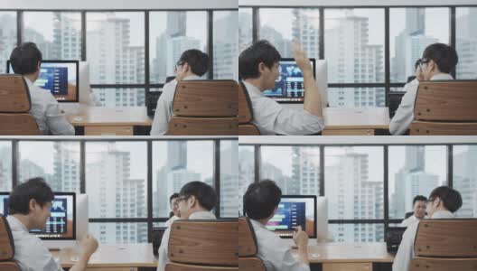 4K UHD:两个亚洲商人官员感到高兴和手碰撞在现代办公室。高清在线视频素材下载
