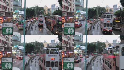 下雨天香港电车之旅-停靠天后流仙街高清在线视频素材下载