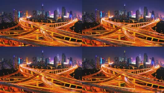 上海时光流逝照亮了城市前面的黄、红高速公路。的概念。进城的路。金融区。城市天际线。高清在线视频素材下载