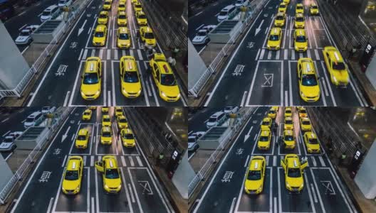 夜间在机场出口排队的黄色出租车高清在线视频素材下载