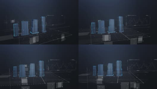 抽象的未来矩阵全息三维城市渲染。数字建筑采用二进制码粒子网络。技术和连接概念。高清在线视频素材下载