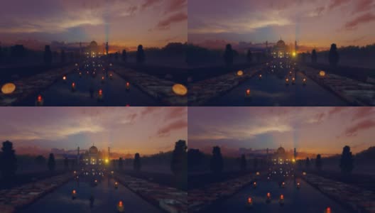 泰姬陵前的蜡烛漂浮在神奇的日出，Cam Fly高清在线视频素材下载