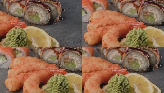 一套寿司和虾。天妇罗寿司，费城卷和天妇罗虾。高清在线视频素材下载