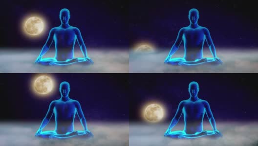 满月升起时，瑜伽士坐在流动的云朵中高清在线视频素材下载