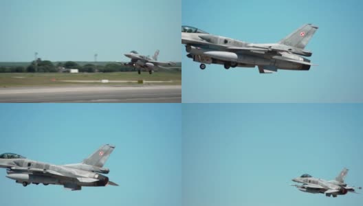 美国F-16军用喷气式战斗机起飞进行战术飞行训练。超音速引擎的消防出口。高清在线视频素材下载