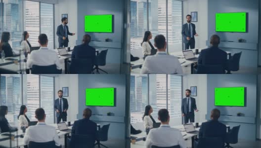 办公室会议室会议介绍:积极的白人商人谈话，使用绿色屏幕彩色键墙电视。成功向多民族投资者展示产品高清在线视频素材下载