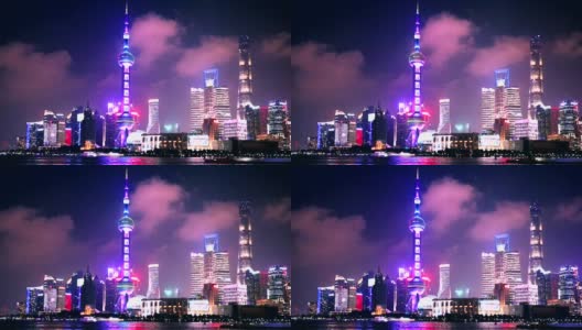 2019年9月11日，第二届中国进口博览会灯光秀，上海夜景视频。陆家嘴(外滩)景观高清在线视频素材下载