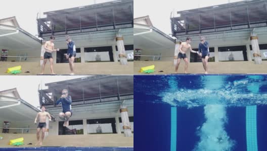 亚洲华人教练正在鼓励他的成年学生跳进游泳池高清在线视频素材下载