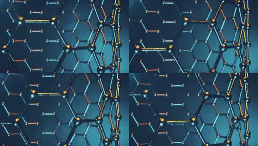 石墨烯原子纳米结构可循环动画。蜂窝状的纳米管。纳米技术与科学的概念。三维动画高清在线视频素材下载