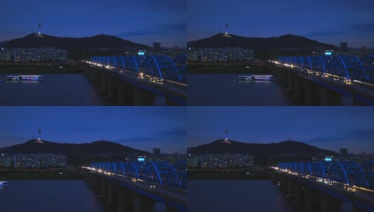 汉城东峰桥和汉江上的首尔城市天际线高清在线视频素材下载