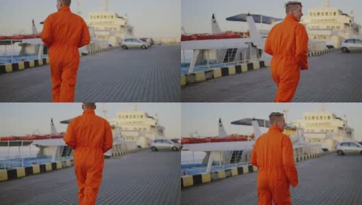 穿着橙色制服的工人正在港口里跑步。Slowmotion射杀。高清在线视频素材下载
