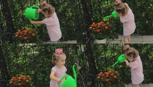 一个小女孩正在浇花。高清在线视频素材下载