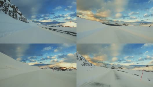 POV延时车在北极行驶:冬天的道路高清在线视频素材下载