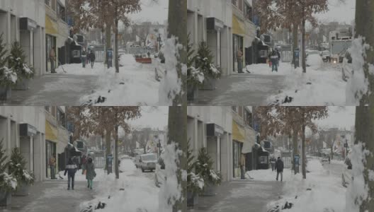 暴风雪纽约冬日郊区阿斯托里亚人行道高清在线视频素材下载