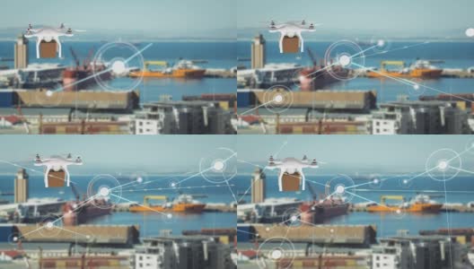网络连接的无人机携带一个送货箱在后台港口高清在线视频素材下载