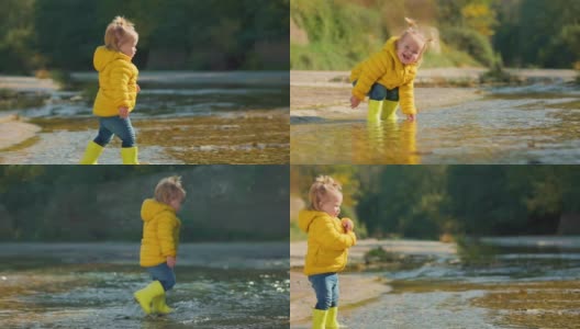 一个穿着黄色胶靴的小女孩小心翼翼地在河上走着。缓慢的运动。跟随拍摄高清在线视频素材下载