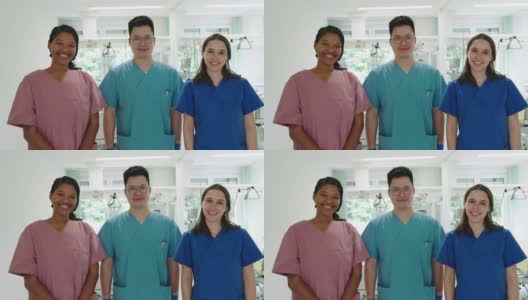 三名护士站在医院里的合影高清在线视频素材下载