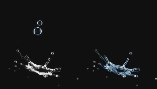 Cg动画的两个水滴碰撞溅黑色背景。高清在线视频素材下载