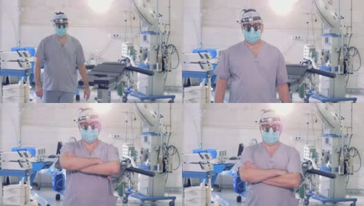 一名男性专业外科医生在镜头前走着走着停着，同时直视着镜头高清在线视频素材下载
