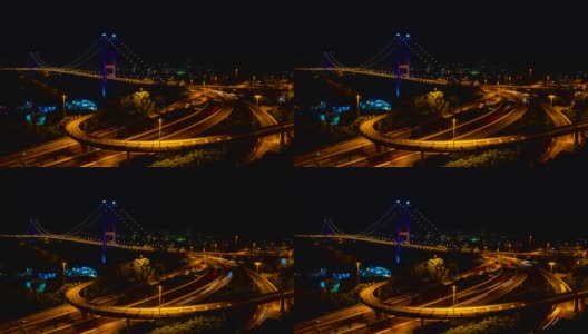 香港青马大桥现代大都市高速公路上有高速公路交通通道，繁忙的高速公路上有路边交通堵塞，高峰时段城市道路上有交通堵塞。时间流逝高速公路俯视图高清在线视频素材下载