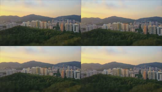 日落时间深圳城市公园航拍全景4k倾斜转移中国高清在线视频素材下载