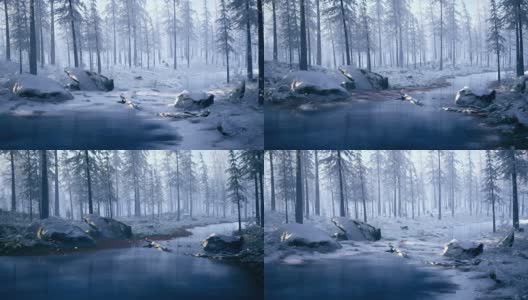 镜头掠过一条冰冻的河流，穿过一片积雪覆盖的森林高清在线视频素材下载