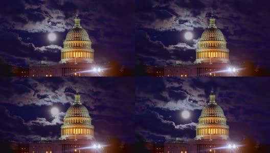 华盛顿特区，美国国会大厦和圆顶的满月夜空高清在线视频素材下载