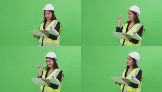 绿屏亚洲女子土木工程选用透明显示全息图数据高清在线视频素材下载