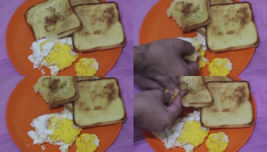 自制早餐，有吐司面包和煎蛋卷高清在线视频素材下载