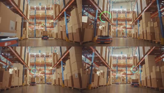 未来技术3D概念:自动零售仓库AGV机器人与信息图在配送物流中心运送纸箱。采购产品自动引导车辆货物，产品，包裹高清在线视频素材下载