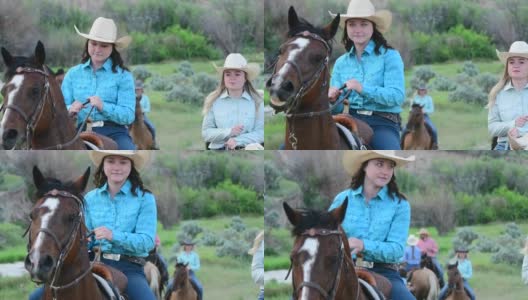 美丽自信的年轻美国女人在牛仔帽骑马在犹他州高清在线视频素材下载