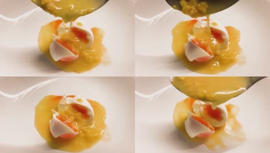 玉米汤在熔化的鸡蛋慢动作高清在线视频素材下载