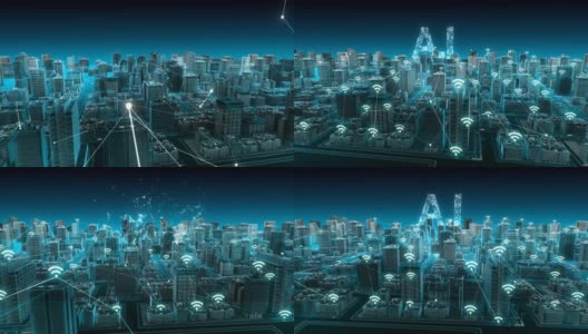 智能城市中各种智能传感器图标，连接物联网技术。蓝色x射线鸟瞰图。4 k动画。高清在线视频素材下载