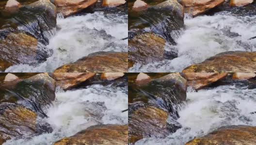一条湍急的山河从石头上流过。冰冷而清澈的水流过森林。胶片颗粒，焦距不清高清在线视频素材下载