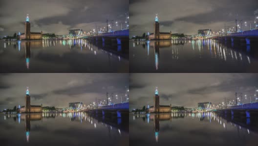 高清时间流逝:斯德哥尔摩市政厅和桥梁高清在线视频素材下载