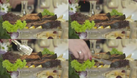 装饰大浅盘上的烤鲑鱼排高清在线视频素材下载