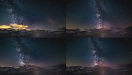 这是在意大利阿尔卑斯山的高海拔地区拍摄到的明亮的银河和白雪皑皑的山脊外的星空的明显旋转。时间流逝的视频。高清在线视频素材下载