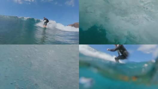 慢镜头特写:热情的冲浪者骑在史诗般的波浪在暑假。高清在线视频素材下载