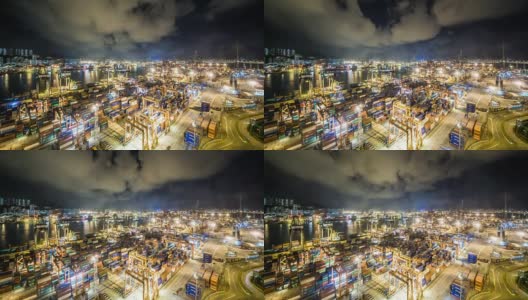 香港货柜码头夜间的时间推移-香港葵青货柜码头是世界上最繁忙的港口之一。高清在线视频素材下载