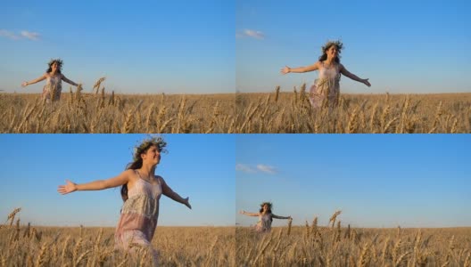 女孩在金色的麦田里奔跑，抚摸着成熟的耳朵高清在线视频素材下载