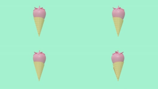 抽象的粉色冰淇淋蛋筒悬浮旋转绿色黑底三维渲染运动高清在线视频素材下载