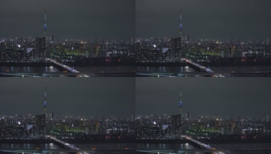 东京城市夜景，从船下观景台观景台的塔厅高清在线视频素材下载