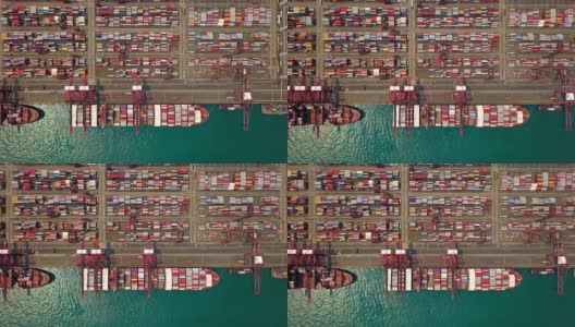 航拍俯视图集装箱货轮在城市进出口业务及物流国际货物。由起重机运往香港维多利亚港。高清在线视频素材下载