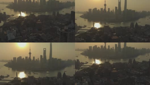 日出时分的上海。黄埔和陆家嘴区。中国鸟瞰图高清在线视频素材下载