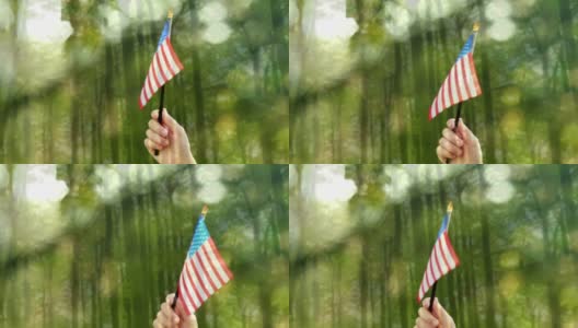手握美国国旗在森林里高清在线视频素材下载