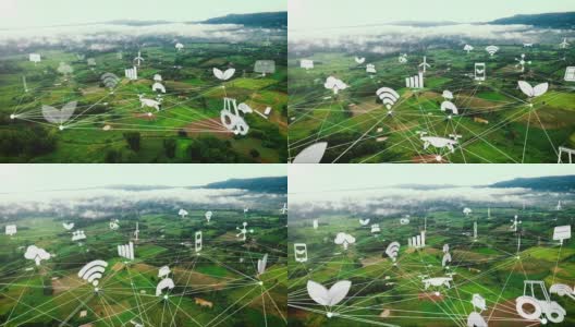 鸟瞰图，智能农场图标与网络在绿色农田附近的山区高清在线视频素材下载