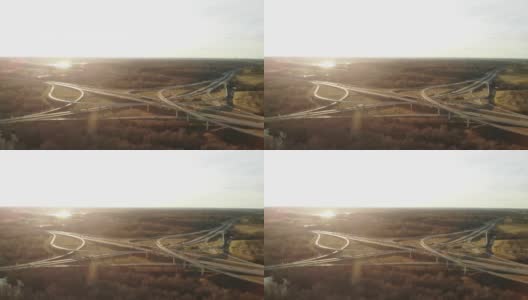 立交桥交通空中立交桥在美国中西部公路运输日落4K视频系列高清在线视频素材下载
